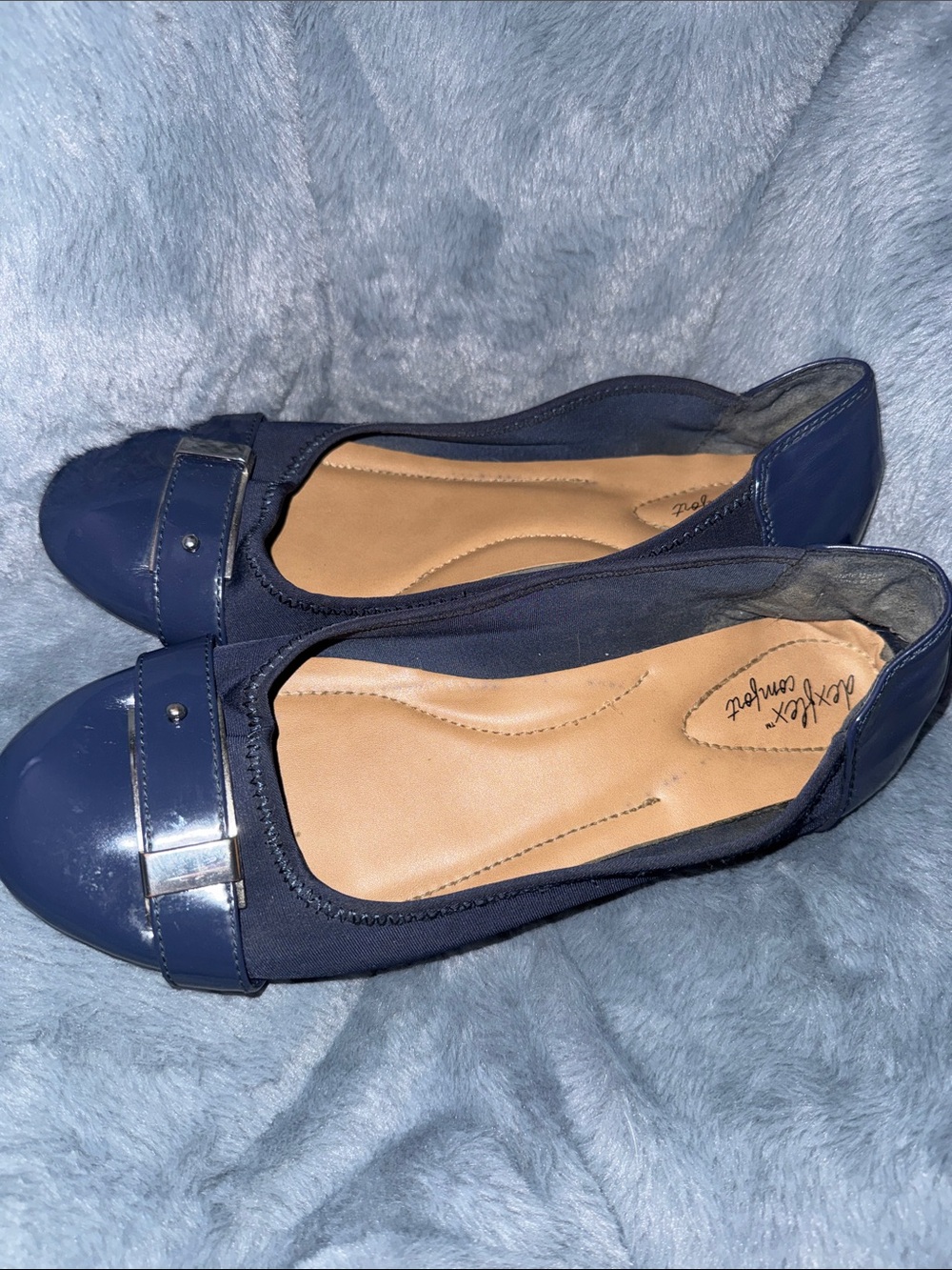 dexflex comfort Navy Patent Cap-Toe Ballet Flats with Buckle Accent